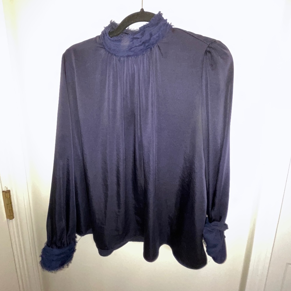 Zara Basic Large Navy Blue Long Sleeve Dressy Blouse